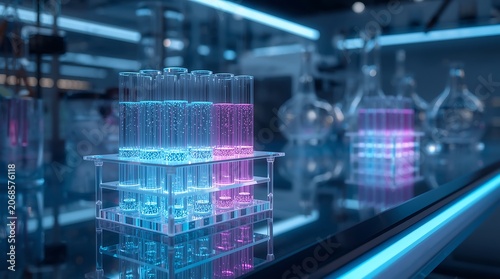 Futuristic Laboratory with Glowing Blue and Pink Test Tubes on a Conveyor Belt.