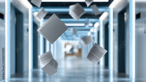 Flying paper document corridor modern office blue light, dynamic motion, business chaos, administration, stress, paperwork