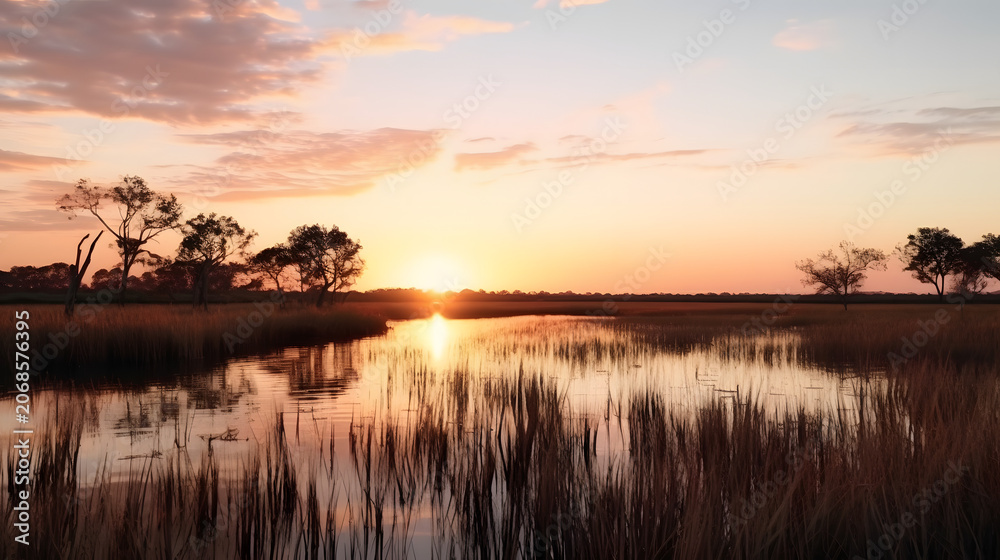 Fototapeta premium Serene Sunset Over Reflective Wetland with Silhouetted Trees and Calm Water