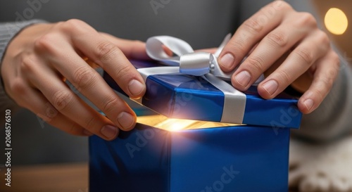 A person's hands holding a blue gift box with a silver ribbon and a glowing light inside, with a blurred background of a cozy indoor setting.
