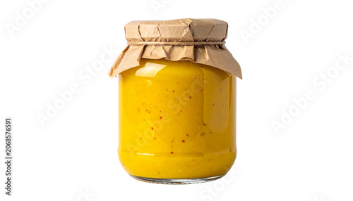 Glass jar of yellow mustard sauce with paper lid isolated solid white background1
