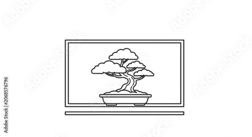 Minimalist Bonsai Tree Illustration in a Pot on a Shelf