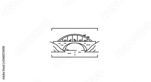 Minimalist bridge illustration with cars and river flowing underneath