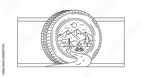 Adventure Tire: Mountain Landscape, Tent, Campfire, and Road Inside Wheel