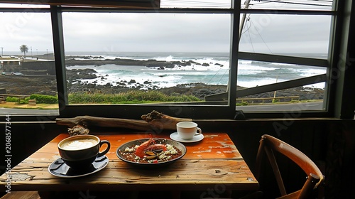 A rustic cafe table frames an ocean view with food & drinks