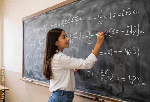 Latin American Teenager Solving Math Equations in Classroom