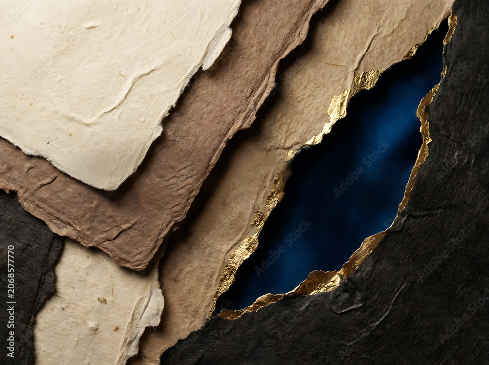 Fototapeta premium Abstract textured paper layers with gold accents