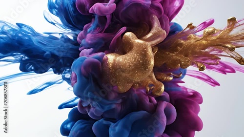Two vibrant clouds of blue and magenta ink swirl and converge in a mesmerizing underwater abstract composition against a stark white background.