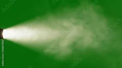 A bright burst of light and smoke emanates from a dark object against a vibrant green background, creating a dynamic visual effect.