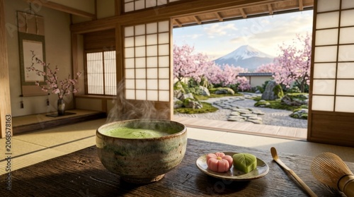 Traditional Japanese tea ceremony with matcha and sweets in a serene room overlooking cherry blossoms and Mount Fuji