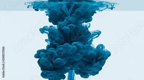 Dark blue ink diffusing and swirling gracefully in clear water against a clean white background, creating abstract liquid motion.
