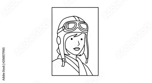 Vintage Aviator Woman Portrait, Retro Pilot Goggles and Helmet, Line Art Illustration