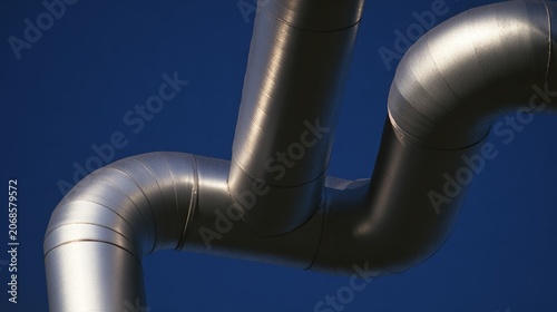Industrial pipeline structure close-up, metallic silver tubes against blue sky,