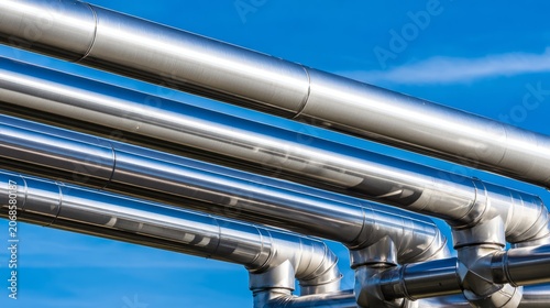 Industrial pipeline structure close-up, metallic silver tubes against blue sky,