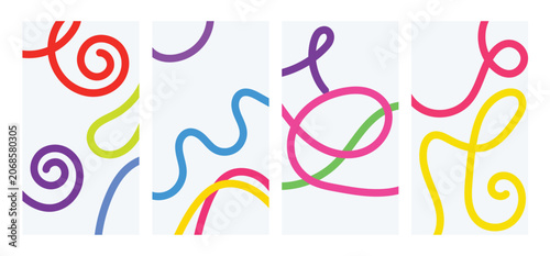 Minimalist abstract colorful squiggly lines vector illustration set on vertical clean white background banners