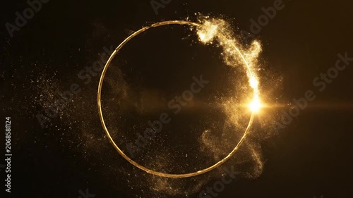Golden light flare circling a metallic ring with sparkling dust. Elegant animated circle for titles and luxury branding on dark background.