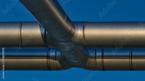 Industrial pipeline structure close-up, metallic silver tubes against blue sky,