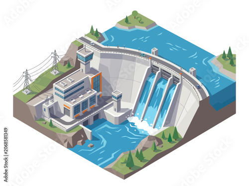 Tableau sur toile Hydroelectric dam with power plant and spillway isometric view