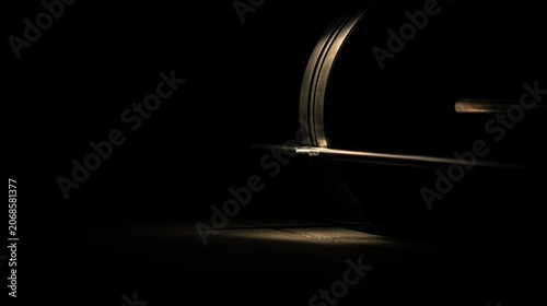 powerlifting. Low-angle view of a thick barbell rod with a slight bend under weight. event key visuals, club posters, designed for sports event promotions and stadium branding.
