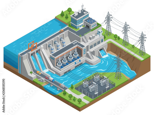 Obraz na plátně Isometric hydroelectric power plant generating renewable energy