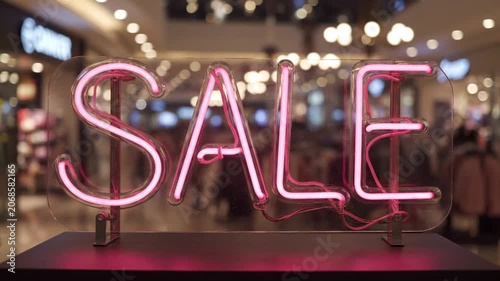 Pink Neon Sale Sign Glowing in a Blurred Shopping Mall Background