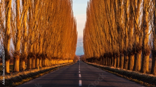 poplar. Perfectly aligned poplar trees along a country road, golden hour sunlight, serene landscape. travel magazines, destination branding, designed for outdoor magazines and nature guides.
