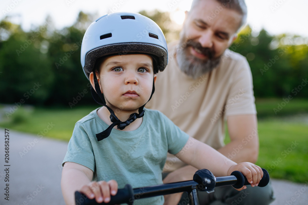 Naklejka premium Father teaching toddler son to ride balance bike while wearing safety helmet.
