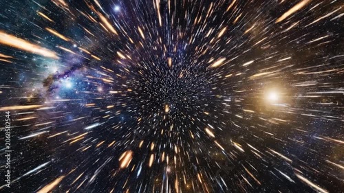Flying through a dynamic starlight tunnel at hyperspeed in outer space, representing futuristic interstellar travel and cosmic exploration.