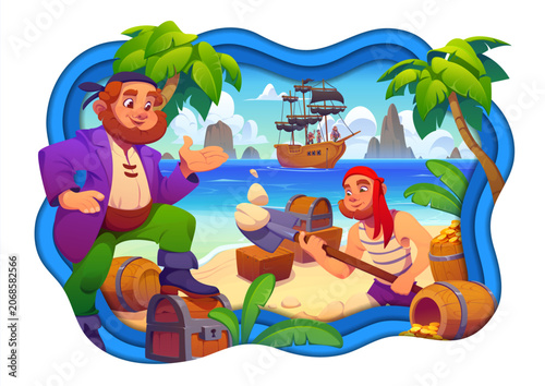 Obraz na plátně Cartoon pirate characters burying treasures paper cut banner