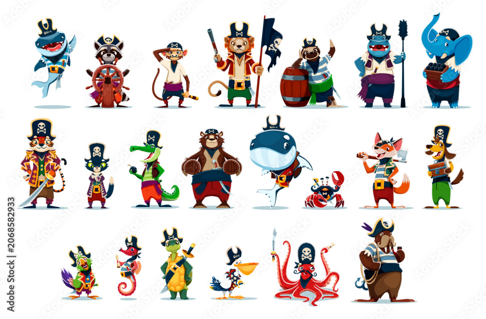 Fototapeta premium Cartoon animal corsair and pirate characters of shark sailor, raccoon and monkey, vector personages. Animal pirates of sloth corsair, hippo and elephant, tiger captain and crocodile with bear and fox