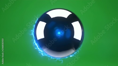 A glossy black and white soccer ball with glowing blue energy swirls around it, presented against a vibrant green screen background.