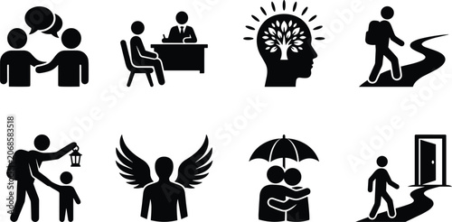 Mental health counseling and life coaching icon set with support guidance psychological healing and personal growth symbols