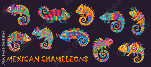 Obraz na plátně Mexican chameleon animal characters, cartoon Mexico traditional alebrije lizard mascots