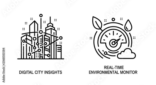 Digital smart city infrastructure and environmental monitoring icons