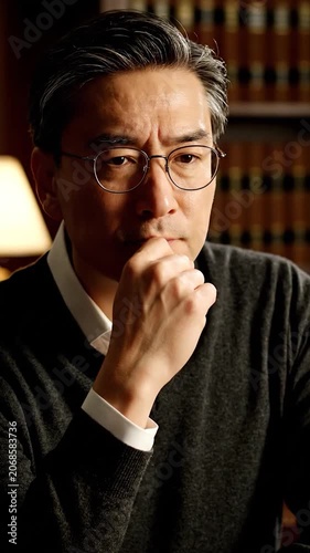A thoughtful man studies in a quiet library setting