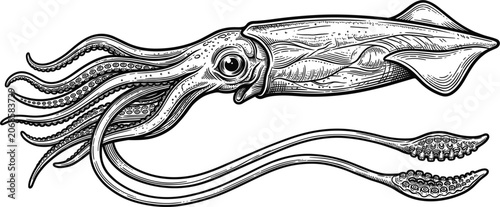 Bild auf Leinwand Realistic squid isolated on white background, detailed vintage engraving vector