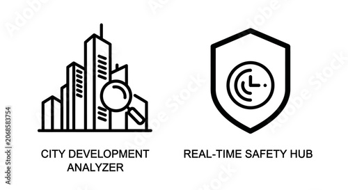 City development analyzer and real-time safety hub icons with development