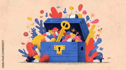 Treasure Chest with Golden Key and Red Flowers, Colorful Fantasy Adventure Illustration