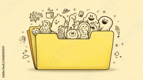Open Yellow Folder with Hand Drawn Doodle Characters, Whimsical Office Document Illustration
