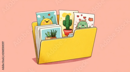Open Yellow Folder with Colorful Character Cards Inside, Document Organization Cute Illustration