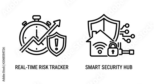Real-time risk tracker and smart security hub icons with security, protection