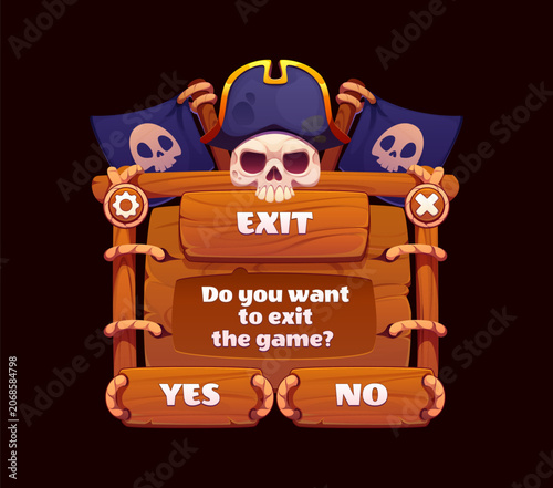 Pirate and corsair game UI menu interface or app window with buttons and loading bar panels. Pirate game UI on cartoon wooden board for game exit Yes or No menu screen with corsair captain skulls