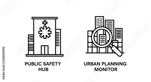 Public safety hub and urban planning development icons with planning, building