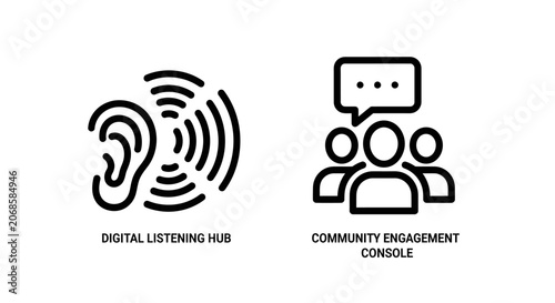 Digital listening hub and community engagement console icons with listening