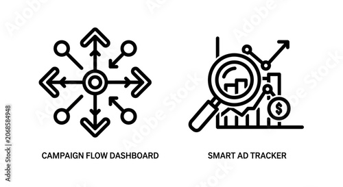 Business campaign flow dashboard and smart ad performance tracker icons