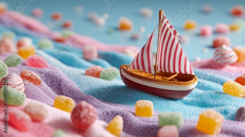 Sailboat on Pink Pastel Confetti Beach, Dreamy Soft Celebration Ocean Illustration