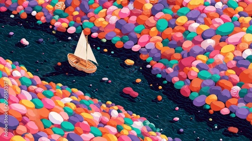 Red Striped Sailboat in Sea of Confetti, Festive Ocean Celebration Whimsical Illustration