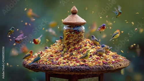 Mountain of Confetti with Pagoda on Top, Whimsical Surreal Celebration Concept Illustration