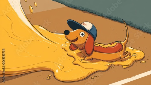 Dachshund Hot Dog Character Walking on Sandy Background, Cute Food Animal Pun Illustration