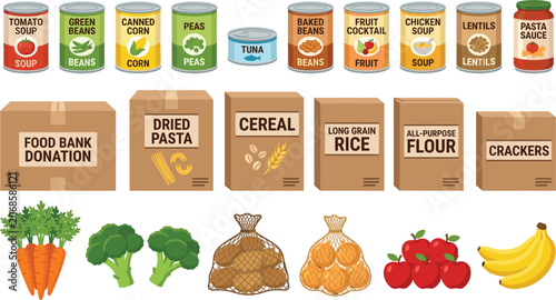 Tableau sur toile Canned goods and grocery boxes for food bank donation, nonperishable items set w